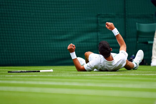 Mandatory Credit: Photo by Javier Garcia BPI Shutterstock (12189891bc) Novak Djokovic slips over during his second round match Wimbledon Tennis Championships, Day 3, The All England Lawn Tennis and Croquet Club, London, UK - 30 Jun 2021 Wimbledon Tennis Championships, Day 3, The All England Lawn Tennis and Croquet Club, London, UK - 30 Jun 2021  Copyright: xJavierxGarcia BPI Shutterstockx 12189891bc