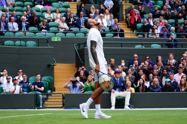 Mandatory Credit: Photo by Javier Garcia BPI Shutterstock (12189891dy) Nick Kyrgios celebrates victory in his first round match Wimbledon Tennis Championships, Day 3, The All England Lawn Tennis and Croquet Club, London, UK - 30 Jun 2021 Wimbledon Tennis Championships, Day 3, The All England Lawn Tennis and Croquet Club, London, UK - 30 Jun 2021  Copyright: xJavierxGarcia BPI Shutterstockx 12189891dy