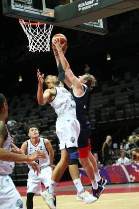 PXL_Mexico v Russia - Group A: 2020 FIBA Men s Olympic Qualifying Tournaments SPLIT, CROATIA - JUNE 30: Gustavo Ayon of Mexico tries to block Vladimir Ivlev of Russia from scoring a basket during the 2020 FIBA Men s Olympic Qualifying Tournament game between Mexico and Russia at Spaladium Arena on June 30, 2021 in Split, Croatia. IvoxCagalj PIXSELL