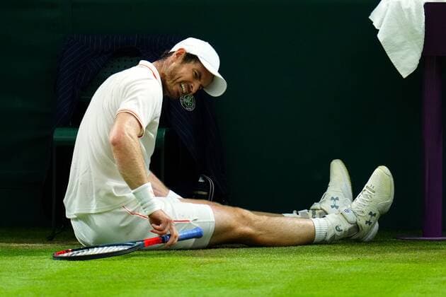 Mandatory Credit: Photo by Javier Garcia BPI Shutterstock (12189891pf) Andy Murray slipping during his second round match Wimbledon Tennis Championships, Day 3, The All England Lawn Tennis and Croquet Club, London, UK - 30 Jun 2021 Wimbledon Tennis Championships, Day 3, The All England Lawn Tennis and Croquet Club, London, UK - 30 Jun 2021  Copyright: xJavierxGarcia BPI Shutterstockx 12189891pf