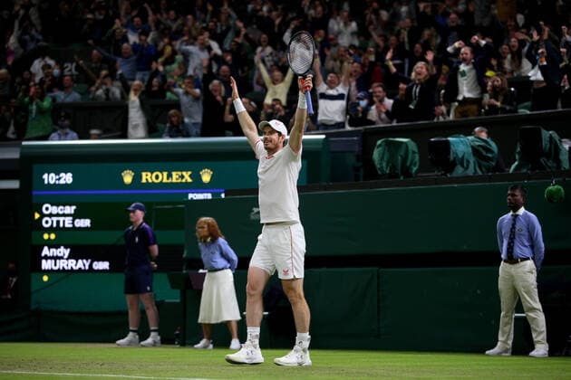 Mandatory Credit: Photo by Shutterstock (12190133ba) Andy Murray of Great Britain celebrates match point Wimbledon Tennis Championships, Day 3, The All England Lawn Tennis and Croquet Club, London, UK - 30 Jun 2021 Wimbledon Tennis Championships, Day 3, The All England Lawn Tennis and Croquet Club, London, UK - 30 Jun 2021  Copyright: xShutterstockx 12190133ba