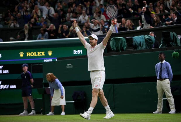 Mandatory Credit: Photo by Shutterstock (12190133be) Andy Murray of Great Britain celebrates match point Wimbledon Tennis Championships, Day 3, The All England Lawn Tennis and Croquet Club, London, UK - 30 Jun 2021 Wimbledon Tennis Championships, Day 3, The All England Lawn Tennis and Croquet Club, London, UK - 30 Jun 2021  Copyright: xShutterstockx 12190133be