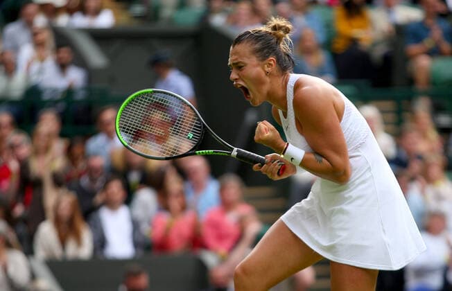 Mandatory Credit: Photo by Shutterstock (12190133ch) Aryna Sabalenka of Belarus celebrates Wimbledon Tennis Championships, Day 3, The All England Lawn Tennis and Croquet Club, London, UK - 30 Jun 2021 Wimbledon Tennis Championships, Day 3, The All England Lawn Tennis and Croquet Club, London, UK - 30 Jun 2021  Copyright: xShutterstockx 12190133ch