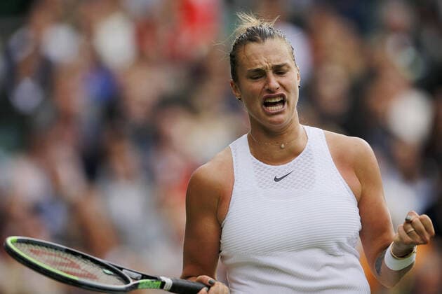 Mandatory Credit: Photo by Shutterstock (12190133bi) Aryna Sabalenka of Belarus celebrates Wimbledon Tennis Championships, Day 3, The All England Lawn Tennis and Croquet Club, London, UK - 30 Jun 2021 Wimbledon Tennis Championships, Day 3, The All England Lawn Tennis and Croquet Club, London, UK - 30 Jun 2021  Copyright: xShutterstockx 12190133bi