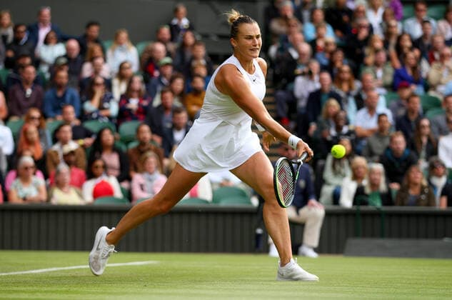 Mandatory Credit: Photo by Shutterstock (12190133ck) Aryna Sabalenka of Belarus in action Wimbledon Tennis Championships, Day 3, The All England Lawn Tennis and Croquet Club, London, UK - 30 Jun 2021 Wimbledon Tennis Championships, Day 3, The All England Lawn Tennis and Croquet Club, London, UK - 30 Jun 2021  Copyright: xShutterstockx 12190133ck