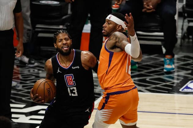 LOS ANGELES, CA - JUNE 30: LA Clippers guard Paul George (13) during game 6 of the NBA, Basketball Herren, USA Western Conference Final between the Phoenix Suns and the Los Angeles Clippers on June 30, 2021, at Staples Center in Los Angeles, CA. (Photo by Jevone Moore Icon Sportswire) NBA: JUN 30 Western Conference Final - Suns at Clippers Icon210630066