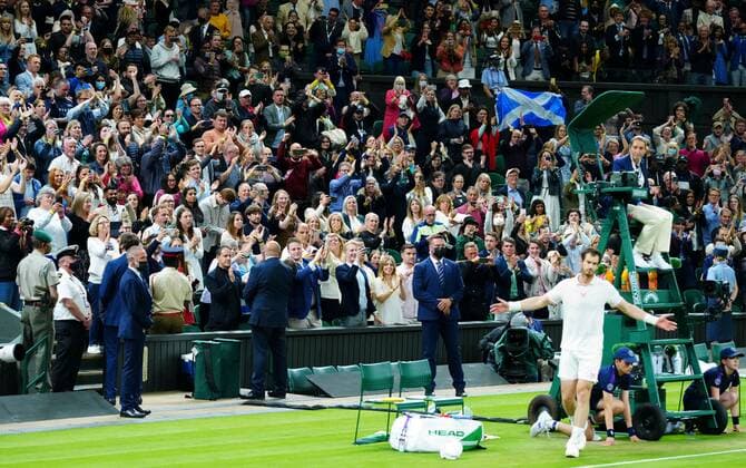 Mandatory Credit: Photo by Javier Garcia BPI Shutterstock (12189891sp) Andy Murray celebrates victory with his fans Wimbledon Tennis Championships, Day 3, The All England Lawn Tennis and Croquet Club, London, UK - 30 Jun 2021 Wimbledon Tennis Championships, Day 3, The All England Lawn Tennis and Croquet Club, London, UK - 30 Jun 2021  Copyright: xJavierxGarcia BPI Shutterstockx 12189891sp