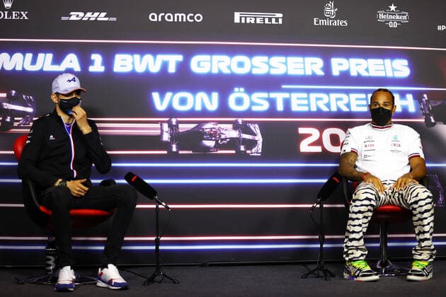 F1 Grand Prix of Austria 31 Esteban Ocon (FRA, Alpine F1 Team), 44 Lewis Hamilton (GBR, Mercedes-AMG Petronas F1 Team), F1 Grand Prix of Austria at Red Bull Ring on July 1, 2021 in Spielberg, Austria. (Photo by Bryn Lennon Getty Images FIA Pool via HOCH ZWEI) Spielberg Red Bull Ring Austria Poolfoto HOCH ZWEI Pool Getty Images ,EDITORIAL USE ONLY