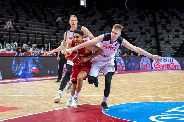 Basketball Split 01.07.2021 Olympia-Qualifikation FIBA Olympic Qualifying Tournament 2020 Gruppenphase, Gruppe A Russland (RUS) - Deutschland (GER) Maodo Lo (Deutschland, No.04) Anton Kardanakhishvili (Russland, No.07)