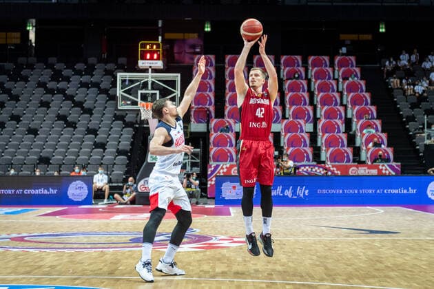 Basketball Split 01.07.2021 Olympia-Qualifikation FIBA Olympic Qualifying Tournament 2020 Gruppenphase, Gruppe A Russland (RUS) - Deutschland (GER) Andreas Obst (Deutschland, No.42)