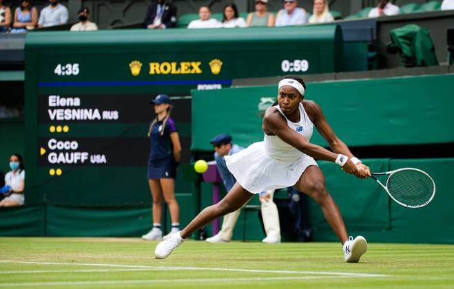 Mandatory Credit: Photo by Rob Prange Shutterstock (12191441cp) Cori Gauff of the United States in action during the second round of the 2021 Wimbledon Championships Grand Slam tennis tournament Wimbledon Tennis Championships, Day 4, The All England Lawn Tennis and Croquet Club, London, UK - 01 Jul 2021 Wimbledon Tennis Championships, Day 4, The All England Lawn Tennis and Croquet Club, London, UK - 01 Jul 2021  Copyright: xRobxPrange Shutterstockx 12191441cp