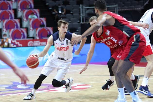 PXL_Russia v Germany - Group A: 2020 FIBA Men s Olympic Qualifying Tournaments SPLIT, CROATIA - JULY 01: Grigory Motovilov of Russia leads the ball towards the basket during the 2020 FIBA Men s Olympic Qualifying Tournament game between Russia and Germany at Spaladium Arena on July 1, 2021 in Split, Croatia. IvoxCagalj PIXSELL