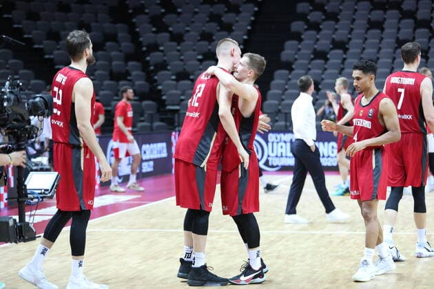 PXL_Russia v Germany - Group A: 2020 FIBA Men s Olympic Qualifying Tournaments SPLIT, CROATIA - JULY 01: The German players celebrate the victory during the 2020 FIBA Men s Olympic Qualifying Tournament game between Russia and Germany at Spaladium Arena on July 1, 2021 in Split, Croatia. IvoxCagalj PIXSELL