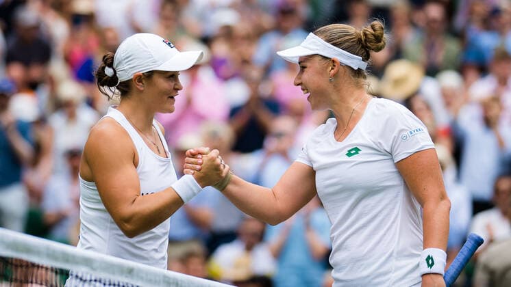 July 1, 2021: Ashleigh Barty of Australia & Anna Blinkova of Russia in action during the second round of the 2021 Wimbledon Championships Grand Slam tennis tournament - ZUMAa181 20210701_zaa_a181_145 Copyright: xRobxPrangex