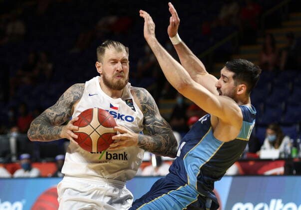July 1, 2021, Victoria, BC, Canada: Czech Republic s Patrik Auda collides with Uruguay s Mathias Calfini during the first half of FIBA Men s Olympic Qualifying basketball action at Memorial Arena in Victoria, B.C., on Thursday, July 1, 2021. Patrik Auda,Mathias Calfini  - ZUMAc35_ 20210701_zaf_c35_283 Copyright: xChadxHipolitox