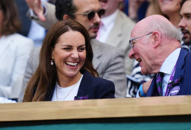 Mandatory Credit: Photo by Shutterstock (12193045h) Catherine Duchess of Cambridge watching the action from the Royal Box on Centre Court alongside All England Club Chairman Ian Hewitt Wimbledon Tennis Championships, Day 5, The All England Lawn Tennis and Croquet Club, London, UK - 02 Jul 2021 Wimbledon Tennis Championships, Day 5, The All England Lawn Tennis and Croquet Club, London, UK - 02 Jul 2021  Copyright: xShutterstockx 12193045h