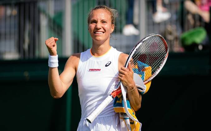 Mandatory Credit: Photo by Rob Prange Shutterstock (12193043ag) Viktorija Golubic of Switzeland celebrates winning the third round of the 2021 Wimbledon Championships Grand Slam tennis tournament Wimbledon Tennis Championships, Day 5, The All England Lawn Tennis and Croquet Club, London, UK - 02 Jul 2021 Wimbledon Tennis Championships, Day 5, The All England Lawn Tennis and Croquet Club, London, UK - 02 Jul 2021  Copyright: xRobxPrange Shutterstockx 12193043ag