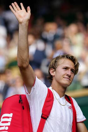Mandatory Credit: Photo by Shutterstock (12193045hb) Sebastian Korda celebrates victory in his third round match Wimbledon Tennis Championships, Day 5, The All England Lawn Tennis and Croquet Club, London, UK - 02 Jul 2021 Wimbledon Tennis Championships, Day 5, The All England Lawn Tennis and Croquet Club, London, UK - 02 Jul 2021  Copyright: xShutterstockx 12193045hb