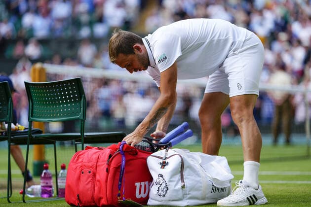 Mandatory Credit: Photo by Shutterstock (12193045hj) Dan Evans after defeat in his third round match Wimbledon Tennis Championships, Day 5, The All England Lawn Tennis and Croquet Club, London, UK - 02 Jul 2021 Wimbledon Tennis Championships, Day 5, The All England Lawn Tennis and Croquet Club, London, UK - 02 Jul 2021  Copyright: xShutterstockx 12193045hj