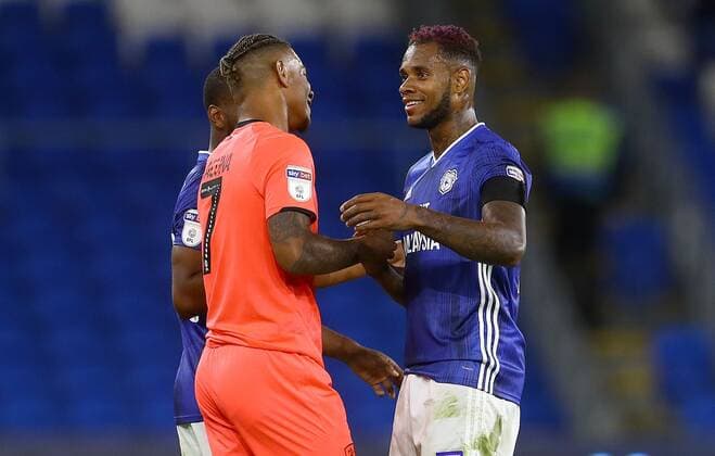 Mandatory Credit: Photo by Kieran McManus BPI Shutterstock (10366759az) Brothers Juninho Bacuna of Huddersfield Town and Leandro Bacuna of Cardiff City shake hands at full time Cardiff City v Huddersfield Town, EFL Sky Bet Championship, Football, Cardiff City Stadium, Cardiff, UK - 21 Aug 2019 EDITORIAL USE ONLY No use with unauthorised audio, video, data, fixture lists (outside the EU), club league logos or live services. Online in-match use limited to 45 images (+15 in extra time). No use to emulate moving images. No use in betting, games or single club league player publications services. Cardiff City v Huddersfield Town, EFL Sky Bet Championship, Football, Cardiff City Stadium, Cardiff, UK - 21 Aug 2019 EDITORIAL USE ONLY No use with unauthorised audio, video, data, fixture lists (outside the EU), club league logos or live services. Online in-match use limited to 45 images (+15 in extra time). No use to emulate moving images. No use in betting, games or  Copyright: xKieranxMcManus BPI Shutterstockx 10366759az
