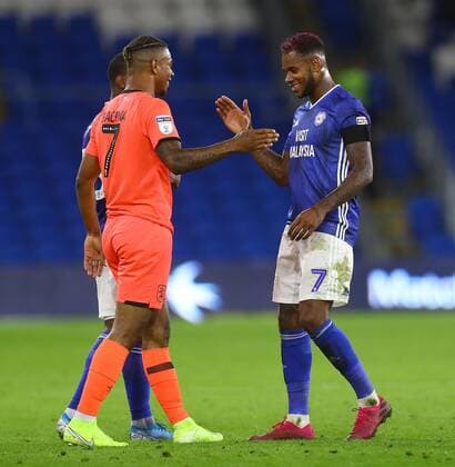 Mandatory Credit: Photo by Kieran McManus BPI Shutterstock (10366759bc) Brothers Juninho Bacuna of Huddersfield Town and Leandro Bacuna of Cardiff City shake hands at full time Cardiff City v Huddersfield Town, EFL Sky Bet Championship, Football, Cardiff City Stadium, Cardiff, UK - 21 Aug 2019 EDITORIAL USE ONLY No use with unauthorised audio, video, data, fixture lists (outside the EU), club league logos or live services. Online in-match use limited to 45 images (+15 in extra time). No use to emulate moving images. No use in betting, games or single club league player publications services. Cardiff City v Huddersfield Town, EFL Sky Bet Championship, Football, Cardiff City Stadium, Cardiff, UK - 21 Aug 2019 EDITORIAL USE ONLY No use with unauthorised audio, video, data, fixture lists (outside the EU), club league logos or live services. Online in-match use limited to 45 images (+15 in extra time). No use to emulate moving images. No use in betting, games or  Copyright: xKieranxMcManus BPI Shutterstockx 10366759bc