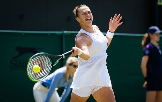 Mandatory Credit: Photo by Rob Prange Shutterstock (12193043dt) Aryna Sabalenka of Belarus in action during her third-round match at the 2021 Wimbledon Championships Grand Slam tennis tournament Wimbledon Tennis Championships, Day 5, The All England Lawn Tennis and Croquet Club, London, UK - 02 Jul 2021 Wimbledon Tennis Championships, Day 5, The All England Lawn Tennis and Croquet Club, London, UK - 02 Jul 2021  Copyright: xRobxPrange Shutterstockx 12193043dt