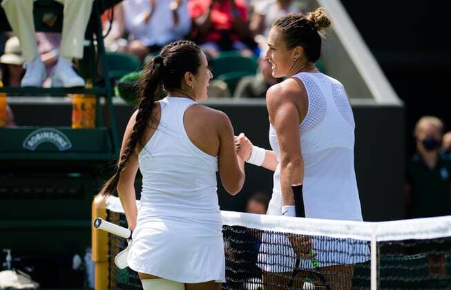 Mandatory Credit: Photo by Rob Prange Shutterstock (12193043dv) María Camila Osorio Serrano of Colombia & Aryna Sabalenka of Belarus at the net after their third-round match at the 2021 Wimbledon Championships Grand Slam tennis tournament Wimbledon Tennis Championships, Day 5, The All England Lawn Tennis and Croquet Club, London, UK - 02 Jul 2021 Wimbledon Tennis Championships, Day 5, The All England Lawn Tennis and Croquet Club, London, UK - 02 Jul 2021  Copyright: xRobxPrange Shutterstockx 12193043dv