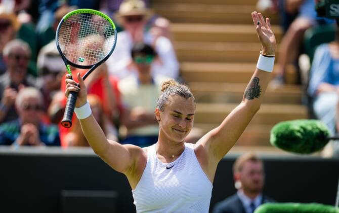 Mandatory Credit: Photo by Rob Prange Shutterstock (12193043dq) Aryna Sabalenka of Belarus in action during her third-round match at the 2021 Wimbledon Championships Grand Slam tennis tournament Wimbledon Tennis Championships, Day 5, The All England Lawn Tennis and Croquet Club, London, UK - 02 Jul 2021 Wimbledon Tennis Championships, Day 5, The All England Lawn Tennis and Croquet Club, London, UK - 02 Jul 2021  Copyright: xRobxPrange Shutterstockx 12193043dq