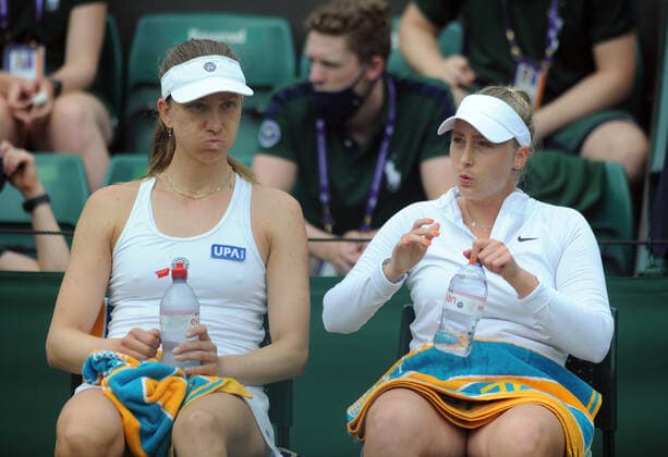 Tennis - 2021 All England Championships - Week One - Day Six (Saturday) - Wimbledon Ladies Doubles - Aleksandar Krunic and Nina Stojanovic v Mona Barthel and Julia Wachaczyk Mona Barthel (left) and Julia Wachaczyk - Germany 