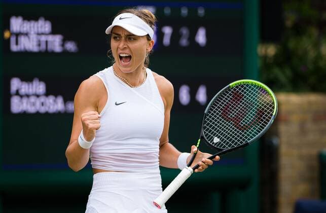 Mandatory Credit: Photo by Rob Prange Shutterstock (12194627e) Paula Badosa of Spain in action during the third round at the 2021 Wimbledon Championships Grand Slam tennis tournament Wimbledon Tennis Championships, Day 6, The All England Lawn Tennis and Croquet Club, London, UK - 03 Jul 2021 Wimbledon Tennis Championships, Day 6, The All England Lawn Tennis and Croquet Club, London, UK - 03 Jul 2021  Copyright: xRobxPrange Shutterstockx 12194627e