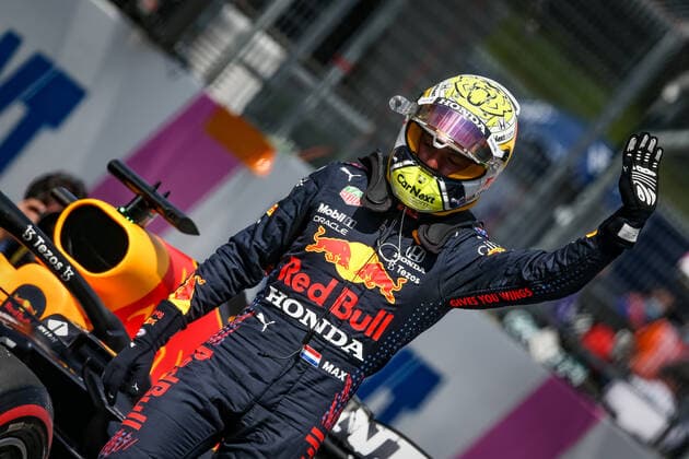 FORMULA 1 - GP of Austria 2021 SPIELBERG,AUSTRIA,03.JUL.21 - MOTORSPORTS, FORMULA 1 - Grand Prix of Austria, Red Bull Ring, practice and qualifying. Image shows the rejoicing of Max Verstappen (NED Red Bull Racing).  GEPAxpictures xManfredxBinder