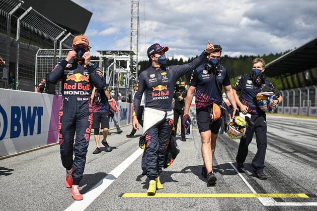 F1 Grand Prix of Austria 33 Max Verstappen (NED, Red Bull Racing), 11 Sergio Perez (MEX, Red Bull Racing), F1 Grand Prix of Austria at Red Bull Ring on July 3, 2021 in Spielberg, Austria. (Photo by Christian Bruna EPA FIA Pool via HOCH ZWEI) Spielberg Austria Poolfoto HOCH ZWEI Pool EPA-EFE ,EDITORIAL USE ONLY