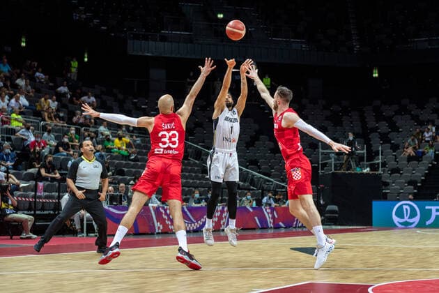Basketball Split 03.07.2021 Olympia-Qualifikation FIBA Olympic Qualifying Tournament 2020 Halbfinale Deutschland (GER) - Kroatien (CRO) Joshiko Saibou (Deutschland, No.01) Zeljko Sakic (Kroatien, No.33)
