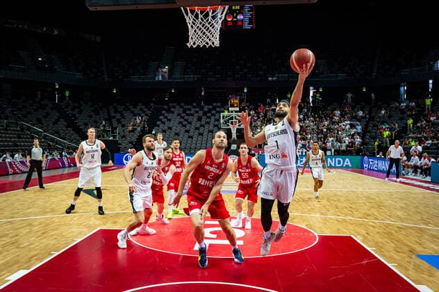 Basketball Split 03.07.2021 Olympia-Qualifikation FIBA Olympic Qualifying Tournament 2020 Halbfinale Deutschland (GER) - Kroatien (CRO) Joshiko Saibou (Deutschland, No.01) Miro Bilan (Kroatien, No.02)