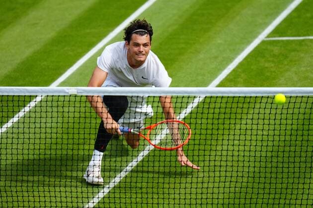 Mandatory Credit: Photo by Javier Garcia Shutterstock (12194408dn) Taylor Fritz loses his footing during his third round match Wimbledon Tennis Championships, Day 6, The All England Lawn Tennis and Croquet Club, London, UK - 03 Jul 2021 Wimbledon Tennis Championships, Day 6, The All England Lawn Tennis and Croquet Club, London, UK - 03 Jul 2021  Copyright: xJavierxGarcia Shutterstockx 12194408dn