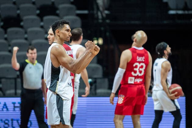 Basketball Split 03.07.2021 Olympia-Qualifikation FIBA Olympic Qualifying Tournament 2020 Halbfinale Deutschland (GER) - Kroatien (CRO) Maodo Lo (Deutschland, No.04) jubel