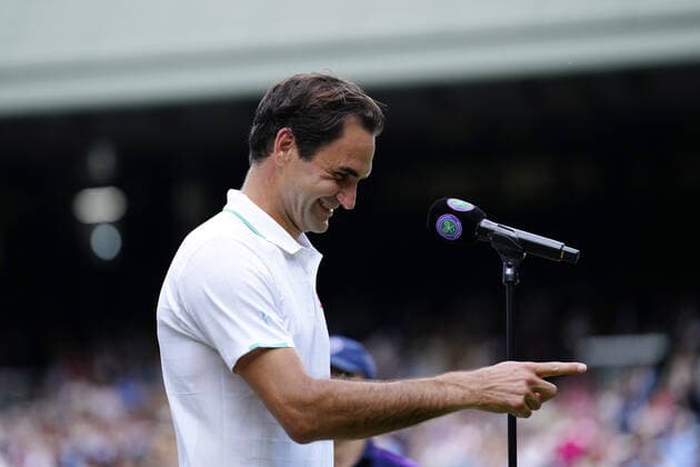 Mandatory Credit: Photo by Dave Shopland Shutterstock (12194409ii) Roger Federer is interviewed after victory in his third round match Wimbledon Tennis Championships, Day 6, The All England Lawn Tennis and Croquet Club, London, UK - 03 Jul 2021 Wimbledon Tennis Championships, Day 6, The All England Lawn Tennis and Croquet Club, London, UK - 03 Jul 2021  Copyright: xDavexShopland Shutterstockx 12194409ii