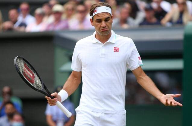 Mandatory Credit: Photo by Shutterstock (12194410bx) Roger Federer of Switzerland frustrated Wimbledon Tennis Championships, Day 6, The All England Lawn Tennis and Croquet Club, London, UK - 03 Jul 2021 Wimbledon Tennis Championships, Day 6, The All England Lawn Tennis and Croquet Club, London, UK - 03 Jul 2021  Copyright: xShutterstockx 12194410bx