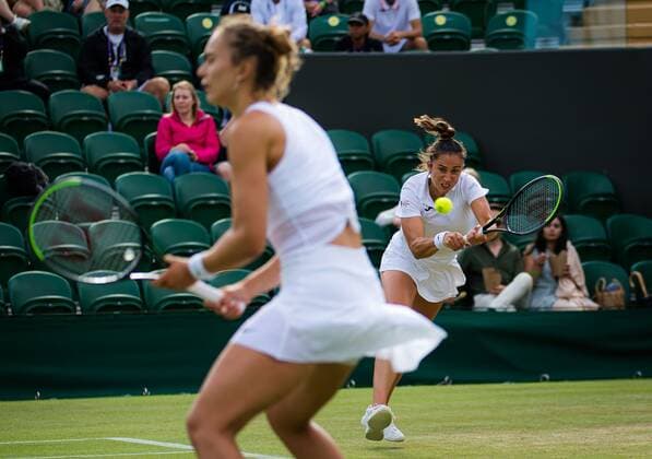 Mandatory Credit: Photo by Rob Prange Shutterstock (12194627by) Sara Sorribes Tormo & Paula Badosa of Spain playing doubles at the 2021 Wimbledon Championships Grand Slam tennis tournament Wimbledon Tennis Championships, Day 6, The All England Lawn Tennis and Croquet Club, London, UK - 03 Jul 2021 Wimbledon Tennis Championships, Day 6, The All England Lawn Tennis and Croquet Club, London, UK - 03 Jul 2021  Copyright: xRobxPrange Shutterstockx 12194627by