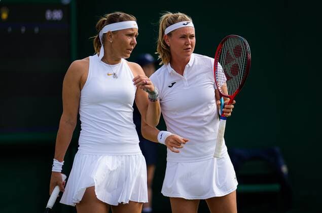 Mandatory Credit: Photo by Rob Prange Shutterstock (12194627bs) Marie Bouzkova of the Czech Republic playing doubles with Lucie Hradecka at the 2021 Wimbledon Championships Grand Slam tennis tournament Wimbledon Tennis Championships, Day 6, The All England Lawn Tennis and Croquet Club, London, UK - 03 Jul 2021 Wimbledon Tennis Championships, Day 6, The All England Lawn Tennis and Croquet Club, London, UK - 03 Jul 2021  Copyright: xRobxPrange Shutterstockx 12194627bs