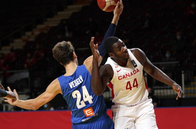 July 3, 2021, Victoria, BC, Canada: Canada s Andrew Nicholson, right, and Czech Republic s Jan Vesely juggle the ball during first half FIBA Men s Olympic Qualifying semi-final basketball action at Memorial Arena in Victoria, Saturday, July 3, 2021. Andrew Nicholson ,Jan Vesely - ZUMAc35_ 20210703_zaf_c35_010 Copyright: xChadxHipolitox