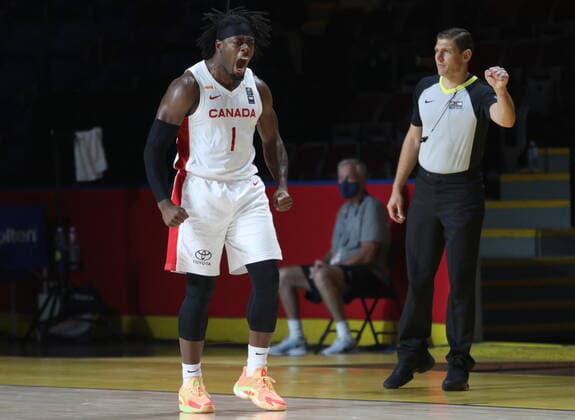July 3, 2021, Victoria, BC, Canada: Canada s Luguentz Dort reacts during their matchup against the Czech Republic during the second half of FIBA Men s Olympic Qualifying semifinal basketball action at Memorial Arena in Victoria, B.C., on Saturday, July 3, 2021. Luguentz Dort  - ZUMAc35_ 20210703_zaf_c35_029 Copyright: xChadxHipolitox