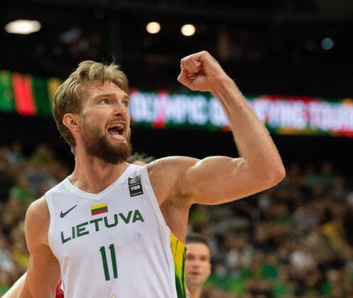 (210704) -- KAUNAS, July 4, 2021 -- Domantas Sabonis of Lithuania reacts during FIBA Olympic Qualifyng Tournament basketball semi-final match between Lithuania and Poland in Kaunas, Lithuania, July 3, 2021. (Photo by Xinhua) (SP)LITHUANIA-KAUNAS-BASKETBALL- FIBA OQT-SEMI-FINALS-LITHUANIA VS POLAND AlfredasxPliadis 