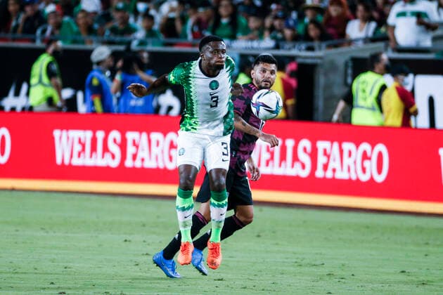 July 3, 2021, Los Angeles, California, USA: Nigeria defender Imo Obot Udo (3) and Mexico defender Jesus Corona (17) vie for the ball during the first half of an International Friendly, Länderspiel, Nationalmannschaft soccer match between Nigeria and Mexico at the Los Angeles Memorial Coliseum in Los Angeles, Saturday, July. 3, 2021. Los Angeles USA - ZUMAc68_ 20210703_zaf_c68_006 Copyright: xRingoxChiux