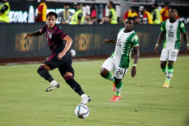 July 3, 2021, Los Angeles, California, USA: Mexico defender Carlos Salcedo (3) and Nigeria forward Ibrahim Sunusi (24) vie for the ball during the first half of an International Friendly, Länderspiel, Nationalmannschaft soccer match between Nigeria and Mexico at the Los Angeles Memorial Coliseum in Los Angeles, Saturday, July. 3, 2021. Los Angeles USA - ZUMAc68_ 20210703_zaf_c68_014 Copyright: xRingoxChiux