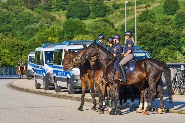 Police on horses in the quarterfinal match BELGIUM - ITALY 1-2 at the football UEFA European Championships 2020 in Season 2020 2021 on July 02, 2021 in Munich, Germany.