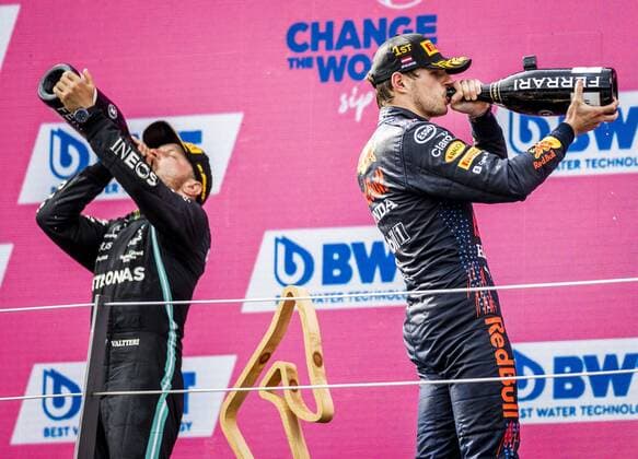 SPIELBERG - Valtteri Bottas (Mercedes) and Max Verstappen (Red Bull Racing) on the podium after the Formula 1 Grand Prix of Austria. The Grand Prix took place at the Red Bull Ring race track in the state of Styria. REMKO DE WAAL W xVIxANPxSportx xxANPxIVx