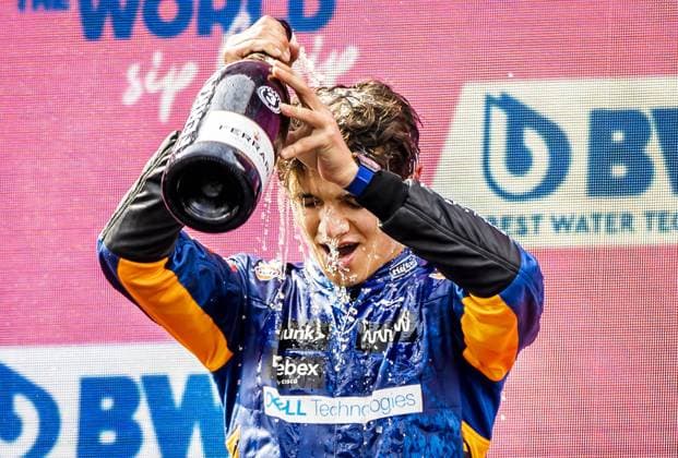 SPIELBERG - Lando Norris (McLaren) on the podium after the Formula 1 Grand Prix of Austria. The Grand Prix took place at the Red Bull Ring race track in the state of Styria. REMKO DE WAAL W xVIxANPxSportx xxANPxIVx