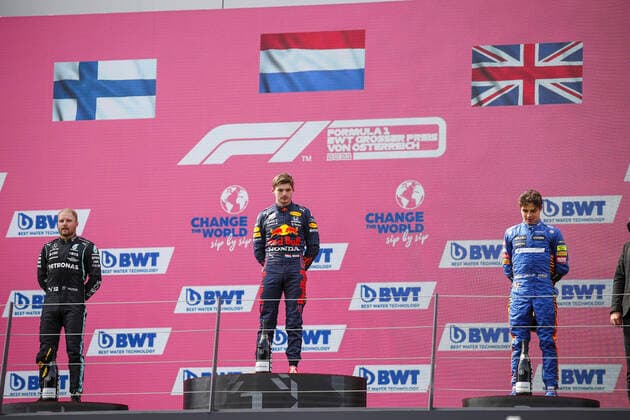 77 Valtteri Bottas (FIN, Mercedes-AMG Petronas F1 Team), 33 Max Verstappen (NED, Red Bull Racing), 4 Lando Norris (GBR, McLaren F1 Team), F1 Grand Prix of Austria at Red Bull Ring on July 4, 2021 in Spielberg, Austria. (Photo by HOCH ZWEI) Spielberg Austria