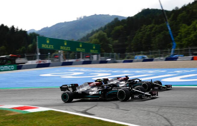 77 Valtteri Bottas (FIN, Mercedes-AMG Petronas F1 Team), 44 Lewis Hamilton (GBR, Mercedes-AMG Petronas F1 Team), F1 Grand Prix of Austria at Red Bull Ring on July 4, 2021 in Spielberg, Austria. (Photo by HOCH ZWEI) Spielberg Austria